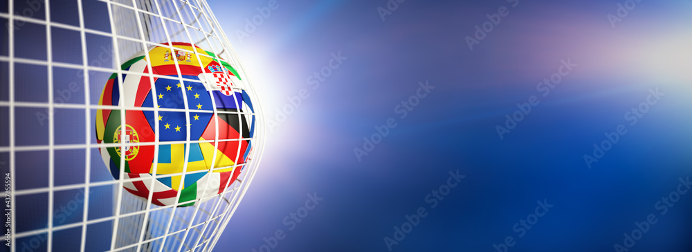 Fototapeta premium 2020 Euro football tournament. Football with national flags of participating states of Euro 2020 in goal with net. 3d rendering.