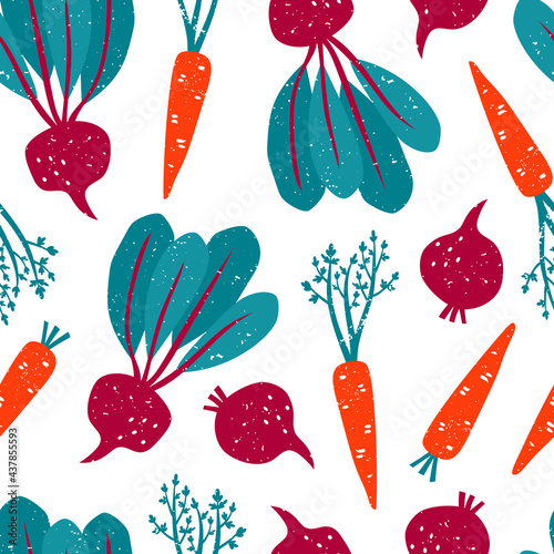 Vector seamless pattern with bright colorful healthy beet and carrot.