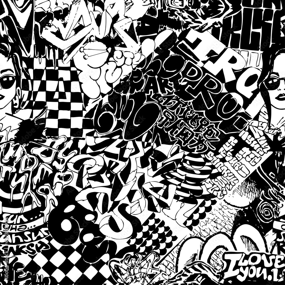 Black and white pattern of graffiti, sticker bombing. เวกเตอร์สต็อก ...