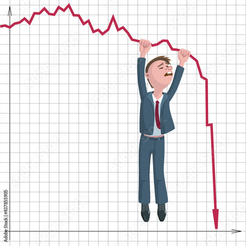 Businessman or broker falls down and red arrows of stock market falling down. Vector illustration of stock market crash, economic crisis. 
