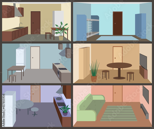 Part of an apartment house in cut. Illustration of an apartment building in the section. Front view of six adjacent rooms. Three floors are presented.  