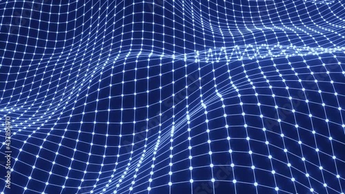 A moving abstract grid whose nodes are neon blue points over black background.
Technology or science. 3d rendering, seamless, loopable. 