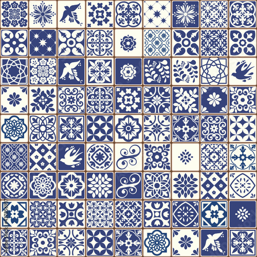 Blue Portuguese tiles pattern - Azulejos vector, fashion interior design tiles 