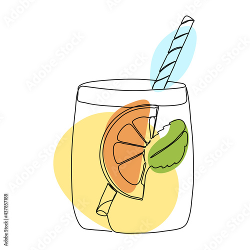 Continuous one line drawing with lemonade. Contemporary vector illustration on white background. Black line art on white background with colorful spots.