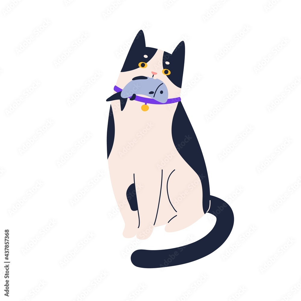 Cute adorable cat sitting with fish in mouth. Sweet funny kitty with food  in teeth. Portrait of lovely spotty kitten. Colored flat vector  illustration of pet isolated on white background Stock Vector