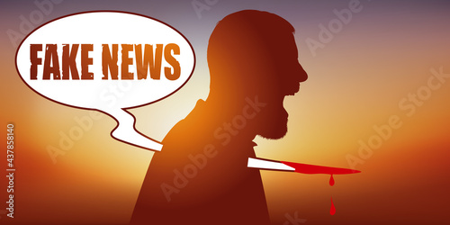 Concept des rumeurs sur les réseaux sociaux, avec un homme vu de profil, qui symboliquement, se fait poignarder par la diffusion d’une fake news.