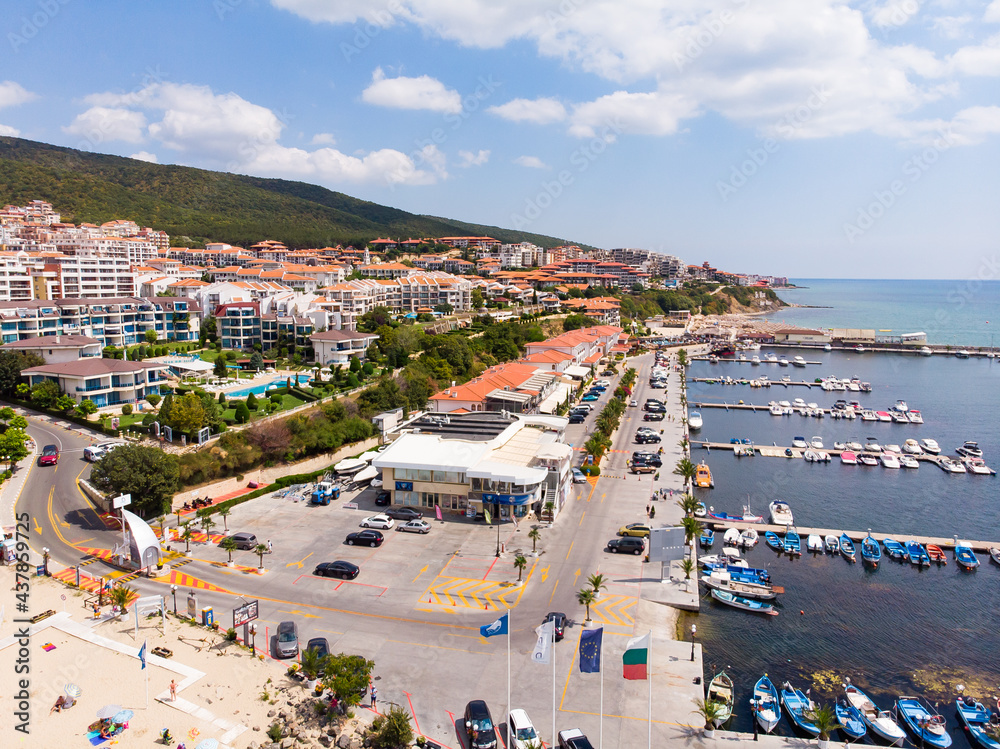 Panoramic view of the sea port of Sveti Vlas in Bulgaria. Summer holiday in Europe. Aerial photography, drone view.