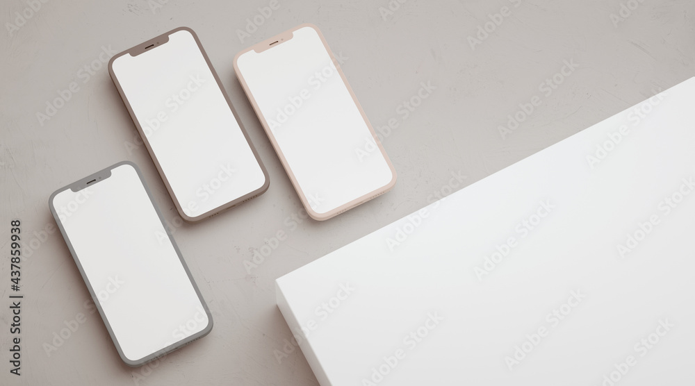 Three phones mockup blank screen and copy space for ui ux app and interface presentation in 3D rendering. Application look and feel and web design concept Three phones mockup blank screen and copy space for ui ux app and interface presentation in 3D rendering. Application look and feel and web design concept