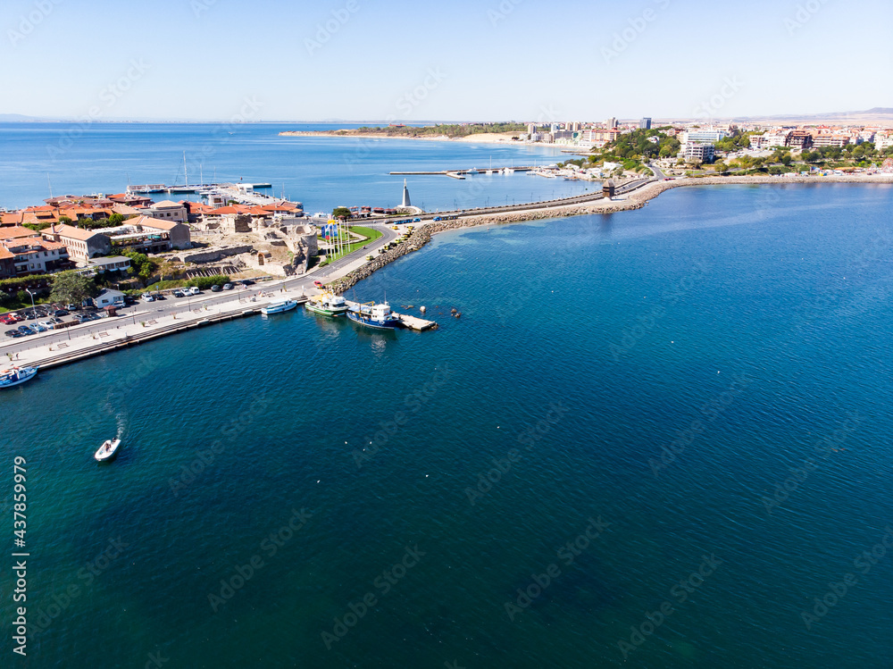 Aerial view of the Bulgarian town Nessebar. Drone view from above. Summer holidays destination