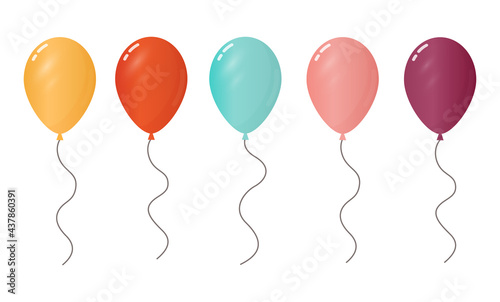 Balloons in pink, blue, yellow, purple and orange on an isolated white background. Illustration of festive cartoon helium balloons. Vector set.