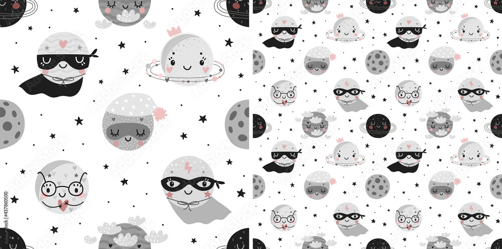 Space Dreams childish seamless hand drawn pattern with super hero planets.