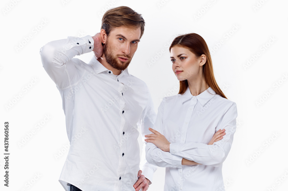partners at work employees men and women in white shirts on a light background mockup conflict partners at work employees men and women in white shirts on a light background mockup conflict