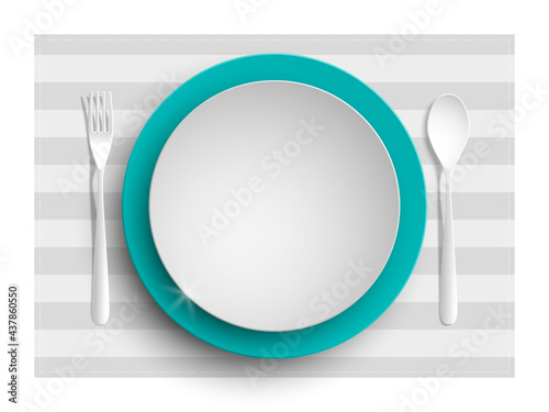 Plate, spoon and fork isolated on napkin background. Canteen icon. dining room badge. buffet icon. Here you can eat picture. Fast food restaurant badge. illustration