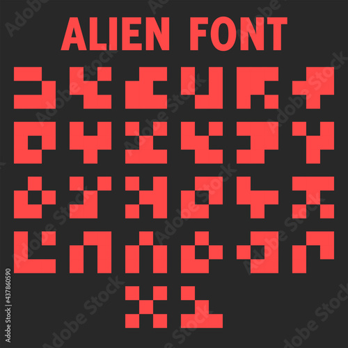 Alien font letters alphabet for the display of the info panel of a computer game hieroglyphic red symbols language of aliens