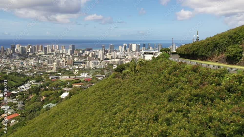 Cinematic 4K aerial panoramic drone reveal shot of high-rise hotels in Waikiki, Ala Moana, Honolulu, popular tourist destination on Oahu island in Hawaii known for its surfing and beaches Cinematic 4K aerial panoramic drone reveal shot of high-rise hotels in Waikiki, Ala Moana, Honolulu, popular tourist destination on Oahu island in Hawaii known for its surfing and beaches