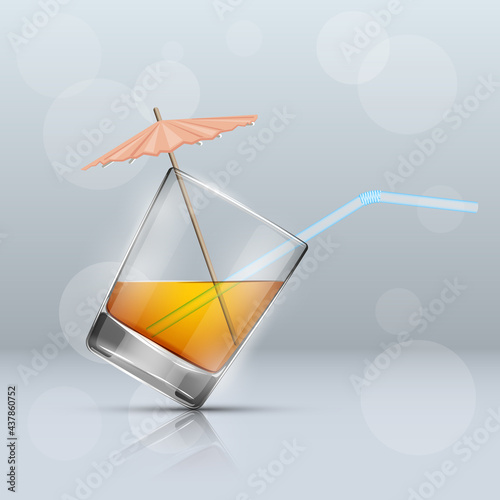 Glass cold drink alcohol & straw. Bright soda & umbrella. A glass of lemonade or fruit juice with umbrella. Cold iced tea. Bar with a glass of cocktail fizzy water drink with straw