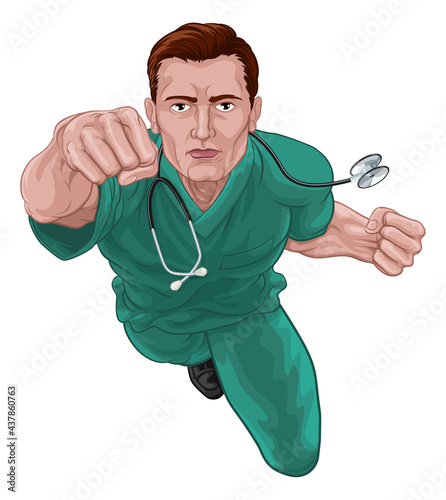 Superhero Nurse Doctor in Scrubs Flying Super Hero