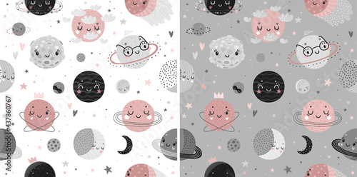 Space Dreams childish seamless hand drawn pattern with moon, stars and planets.