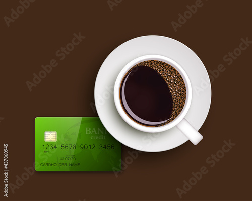 Cup of coffee on warfare dish, bank chip card. Breakfast image, top view. Morning drink coffe and plastic credit card. Hot coffee cup on white platter, debit card top banner. cashless payment