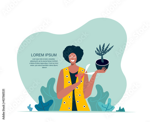 Gardener Woman caring for Vertical Garden Green wall. Grower prun plunt and leaves with Secateurs. Evironment friendly Ecodesign for offices, rooms ecological Grass gardening Flat Vector illustration photo