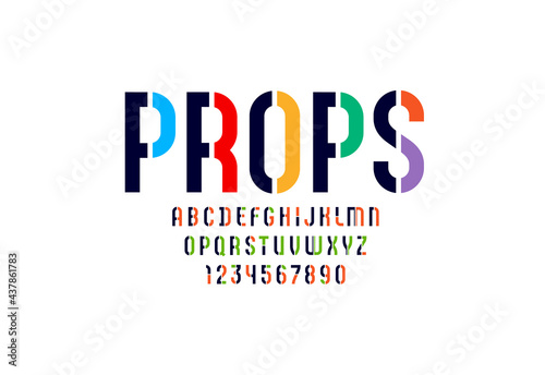 Multi colored font, stencil trendy alphabet, modern geometric modular letters and numbers, vector illustration 10EPS