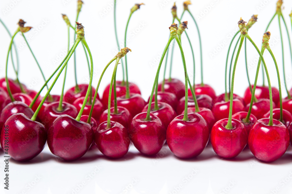 Red cherries on a white background. Sweet cherry with tails. Healthy food Red cherries on a white background. Sweet cherry with tails. Healthy food