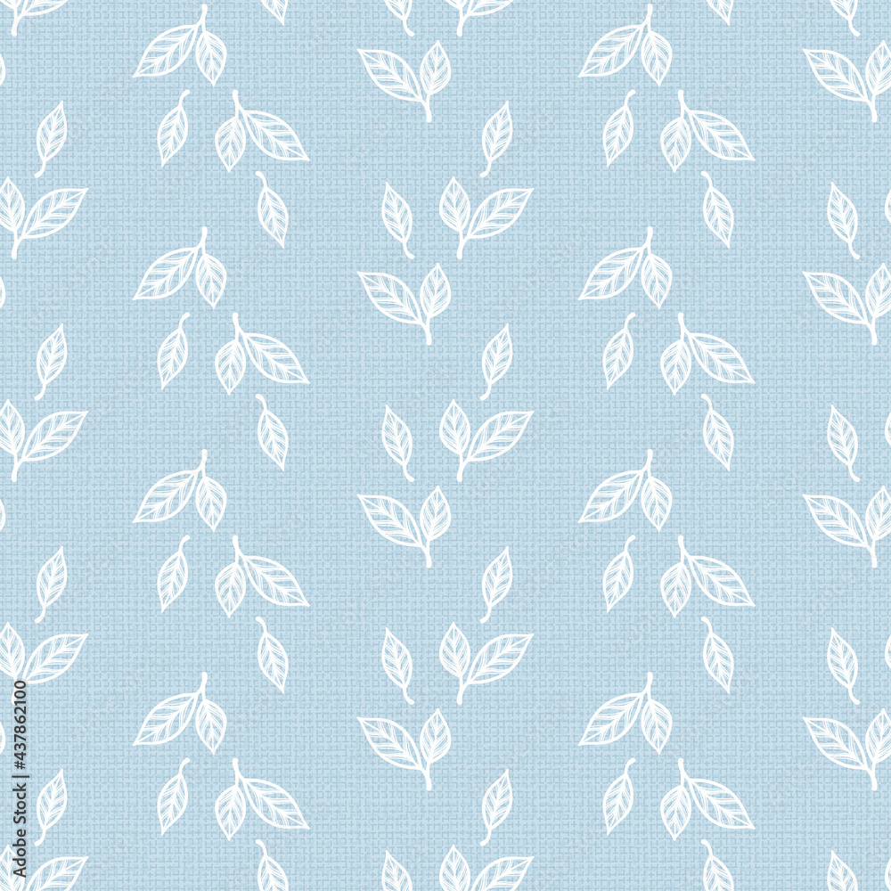 Leaf pattern. White Leaves Vector Seamless Pattern. Blue Floral Background with Imitation Linen Burlap Texture. Leaf pattern. White Leaves Vector Seamless Pattern. Blue Floral Background with Imitation Linen Burlap Texture.