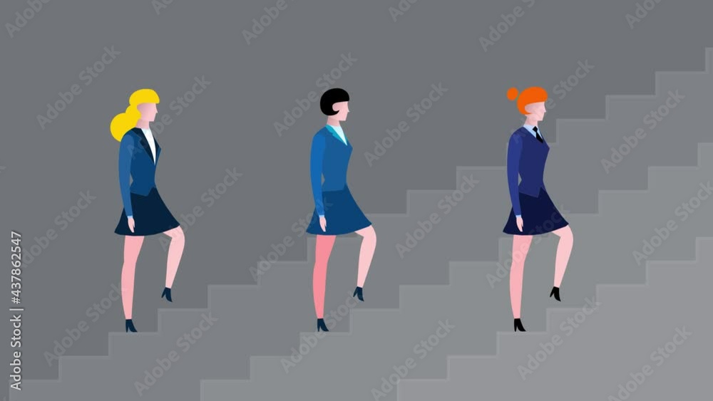 Cartoon successful character businesswoman going up the stairs with character alpha channel. Business metaphor of progress, success, career advancement, climbing up career ladder or stairs. Cartoon successful character businesswoman going up the stairs with character alpha channel. Business metaphor of progress, success, career advancement, climbing up career ladder or stairs.