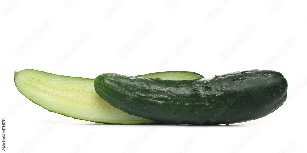 Cucumber sliced in half isolated on white background Cucumber sliced in half isolated on white background