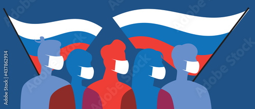 Russians in face masks with flags of Russia, silhouette vector stock illustration with coronavirus in Russia
