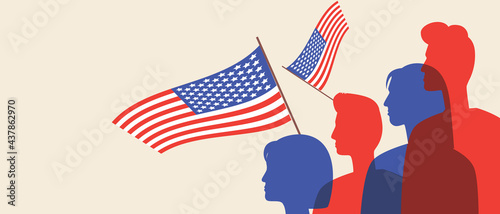 Silhouettes of Americans, copy space template, color vector stock illustration with people with USA flag as country patriots