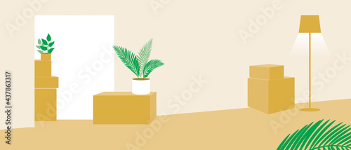 Apartment moving and nobody, Flat vector stock illustration as copy space template with boxes with property, goods and no people for design