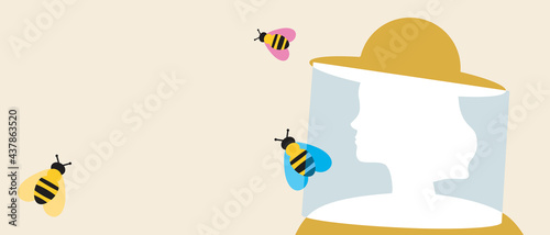 Bees and beekeeping, copy space template, silhouette vector illustration with woman beekeeper with bees and place for text