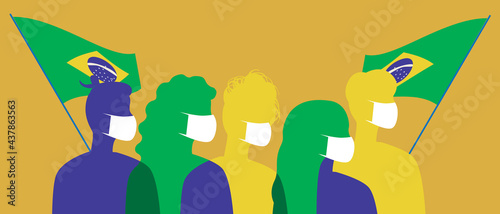 Brazilians in face masks with flags of Brazil, silhouette vector stock illustration with coronavirus in Brazil