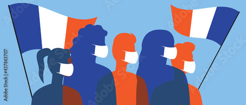 French men in face masks with flags of France, silhouette vector stock illustration with coronavirus in France
