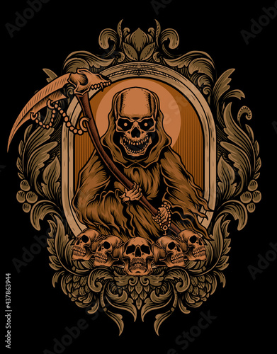 illustration scary death angel with antique engraving ornament