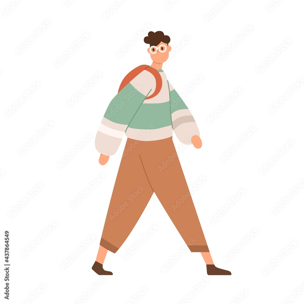 Young man walking with backpack. Guy going in casual clothes and eyeglasses. Person moving forward. Colored flat vector illustration of modern male character isolated on white background Young man walking with backpack. Guy going in casual clothes and eyeglasses. Person moving forward. Colored flat vector illustration of modern male character isolated on white background