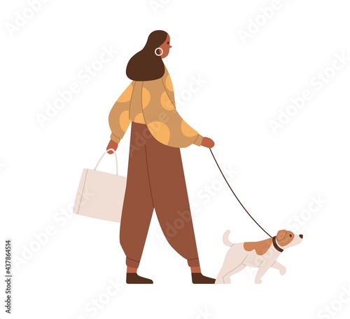 Young woman walking with dog. Dark-skinned person in casual clothes with pet on leash during stroll. Colored flat vector illustration of modern female character isolated on white background