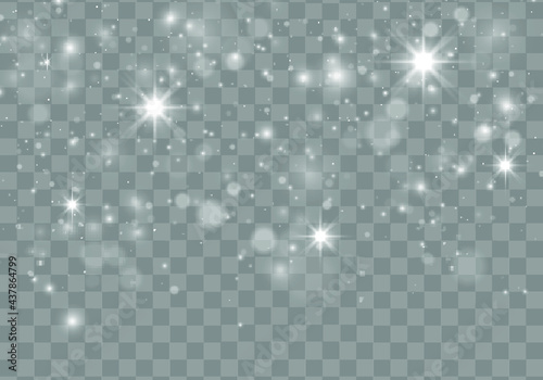 White sparks and glitter special light effect. The dust sparks and golden stars shine with special light. Christmas flash. Sparkling magical white dust particles. Blurred effect bokeh. Vector.