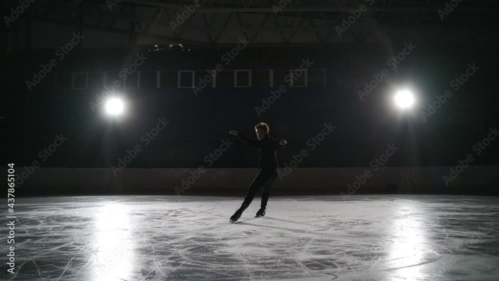 Spread eagle. young man performs a simple figure skating element. The