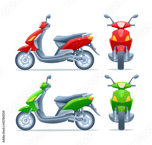 Red and green scooter, two views, frontal and side, isolated on a white background. Motorcycle front and side view. Vector illustration