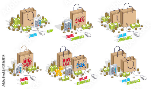 Online shop internet retail sale vector 3D illustrations set isolated on white background, shopping bags with pc mouse, store discount, black Friday concept, clearance.