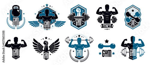 Gym fitness sport emblems and logos vector set isolated with barbells dumbbells kettlebells and muscle body man silhouettes and hands, athletics workout sport club, active lifestyle.