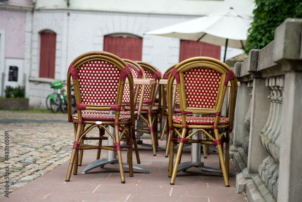 Closeup of retro terrasse of restaurant in the street in Strasbourg - France