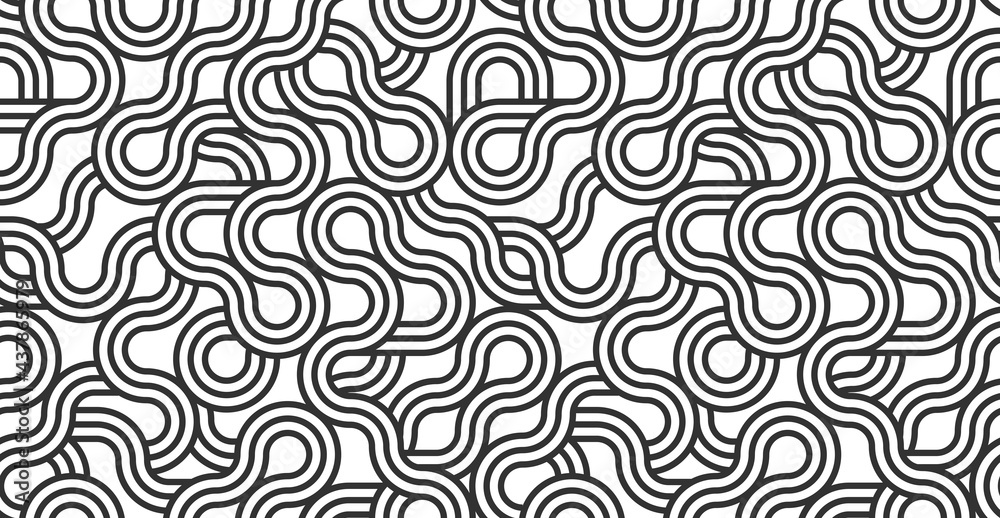 Lined seamless vector pattern with twisted lines, geometric abstract background, stripy net, optical maze, web network. Black and white design. Lined seamless vector pattern with twisted lines, geometric abstract background, stripy net, optical maze, web network. Black and white design.