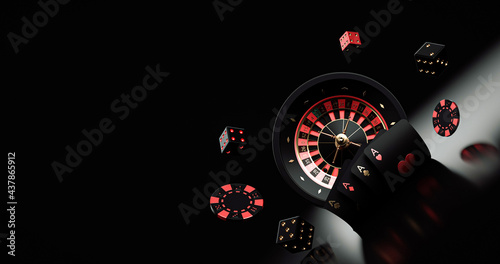 Black Red And Golden Roulette Wheel With Playing Cards, Chips And Dices, Isolated On The Black Background. Casino Modern Concept - 3D Illustration