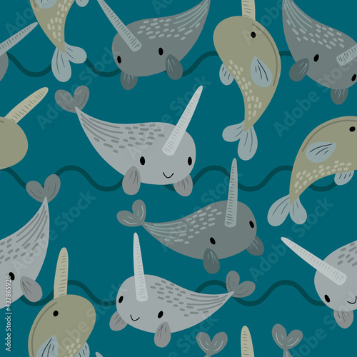 Seamless pattern with cute smiling narwhal whales