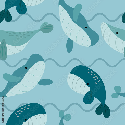 Seamless pattern with blue whales cute doodle vector