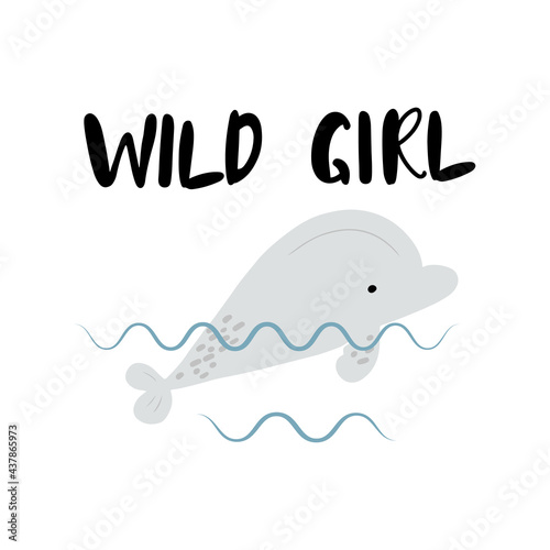 Wild girl vector illustration for baby girl nursery with cute beluga whale