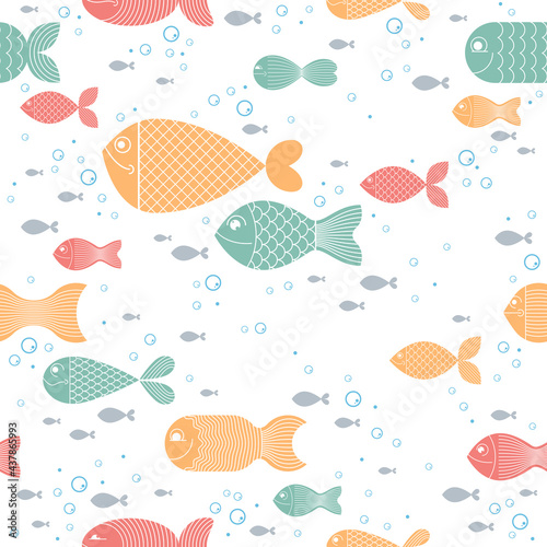 Funny cartoon fishes vector seamless background, cute childish pattern for children textile or wrapping paper or packaging for seafood products.